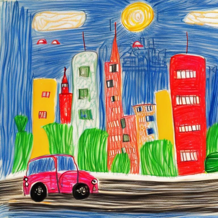 Child's drawing, High-rise buildings and sun stock photo